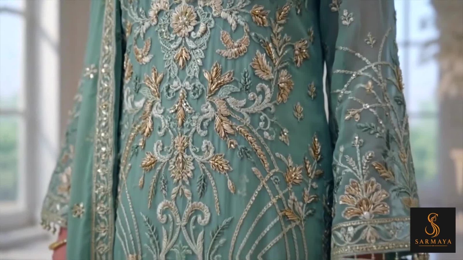 A Sarmaya piece in hand-worked embroidery, photographed in daylight